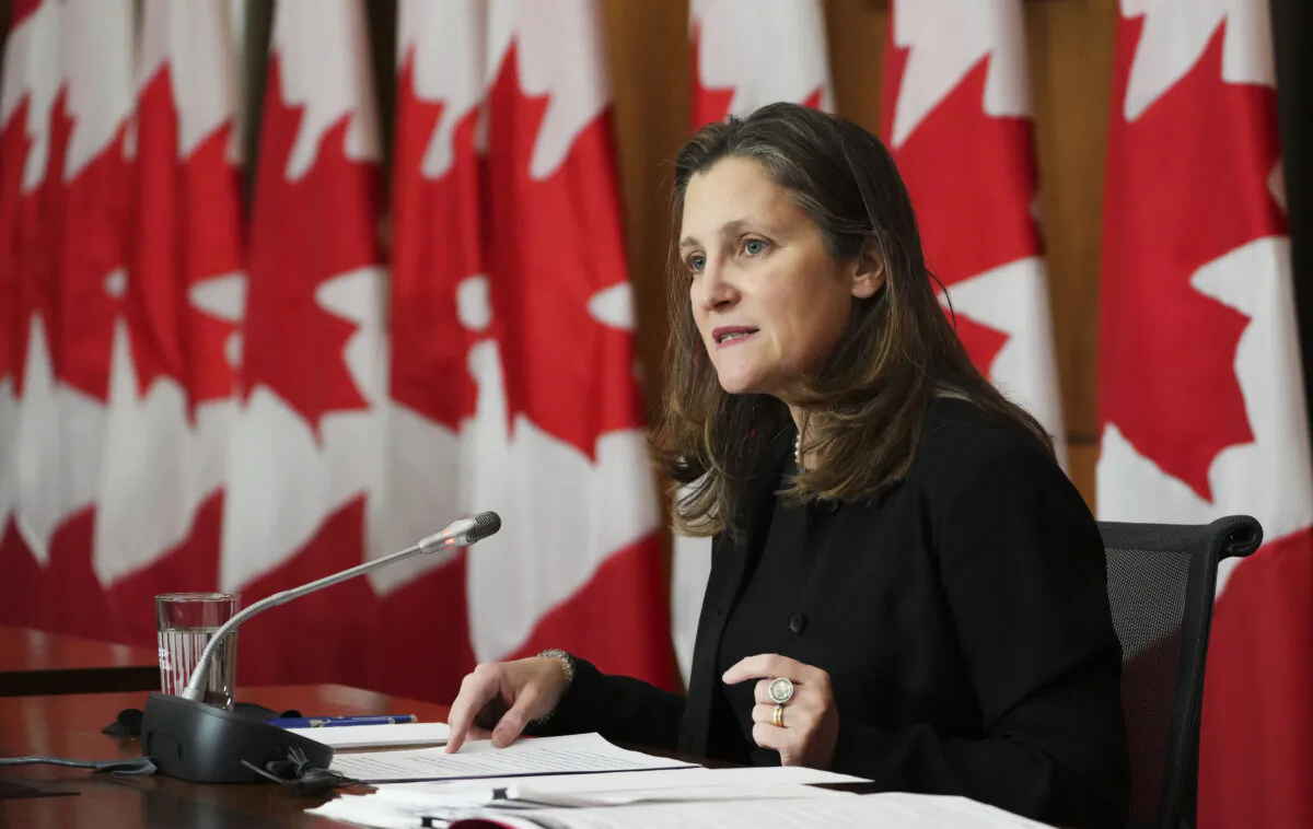 Minister of Finance and Deputy Prime Minister Chrystia Freeland holds a press conference in Ottawa on Nov. 24, 2021. (The Canadian Press/Sean Kilpatrick)