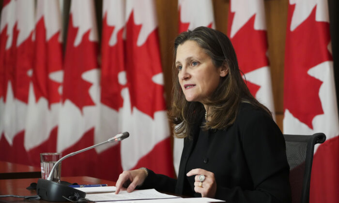 Minister of Finance and Deputy Prime Minister Chrystia Freeland holds a press conference in Ottawa on Nov. 24, 2021. (The Canadian Press/Sean Kilpatrick)