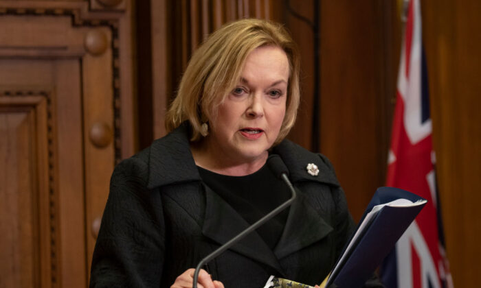 Former leader of the Opposition of New Zealand Judith Collins speaks at her press conference at Parliament in Wellington, New Zealand, on Aug. 31, 2021. (Mark Mitchell - Pool/Getty Images)