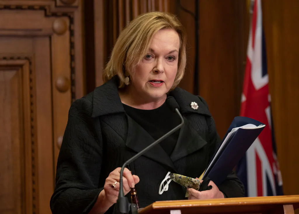 New Zealand's current Defence Minister Judith Collins speaks at her press conference at Parliament in Wellington, New Zealand on Aug. 31, 2021. (Mark Mitchell - Pool/Getty Images)