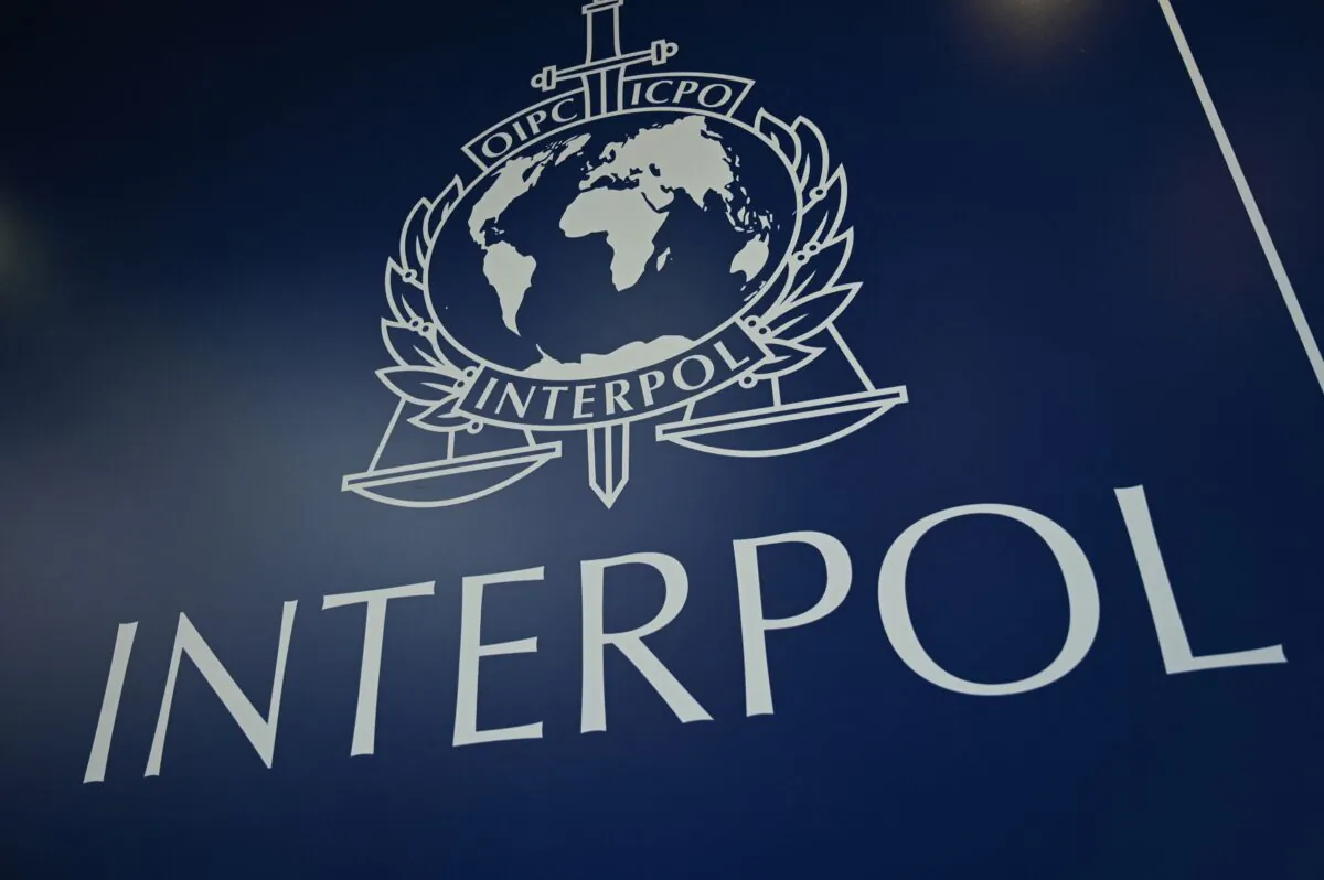The Interpol logo during the 89th Interpol General Assembly in Istanbul on Nov. 23, 2021. The delegates elected Ahmed Nasser Al-Raisi of the United Arab Emirates as the organization’s new president on Nov. 25, 2021. (Ozan Kose/AFP via Getty Images)