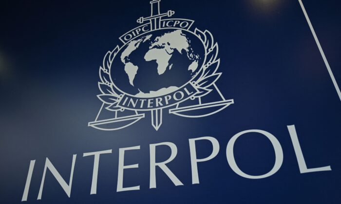 The Interpol logo during the 89th Interpol General Assembly in Istanbul on Nov. 23, 2021. The delegates elected Ahmed Nasser Al-Raisi of the United Arab Emirates as the organization’s new president on Nov. 25, 2021. (Ozan Kose/AFP via Getty Images)