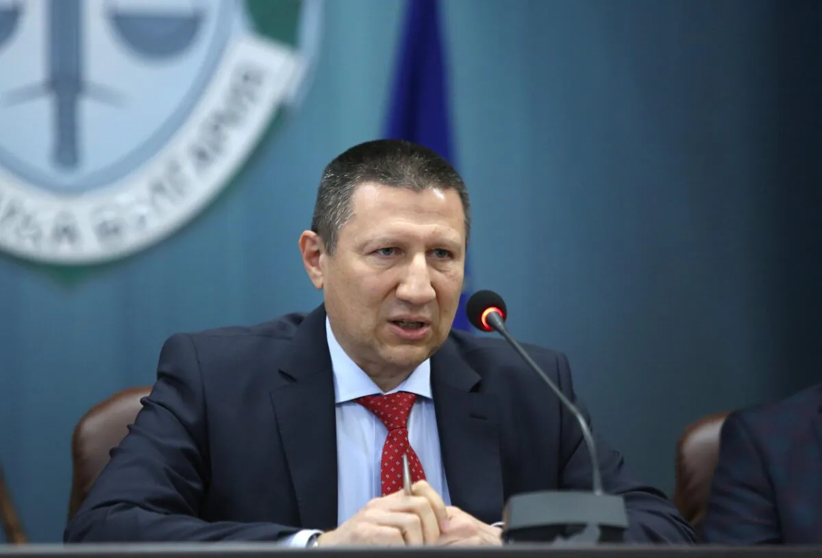 Borislav Sarafov, head of the national investigation service, speaks during a press-conference in Sofia, Bulgaria, on Nov. 25, 2021. (Tsvetomir Petrov/AP Photo)