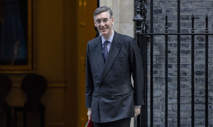 Leader of the House of Commons Jacob Rees-Mogg arrives for a Cabinet Meeting at Downing Street in London on Nov. 16, 2021. (Rob Pinney/Getty Images)