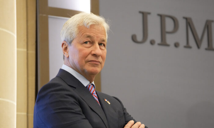JPMorgan CEO Jamie Dimon during the inauguration the new French headquarters of JPMorgan bank in Paris on June 29, 2021. (Michel Euler/Pool via AP)