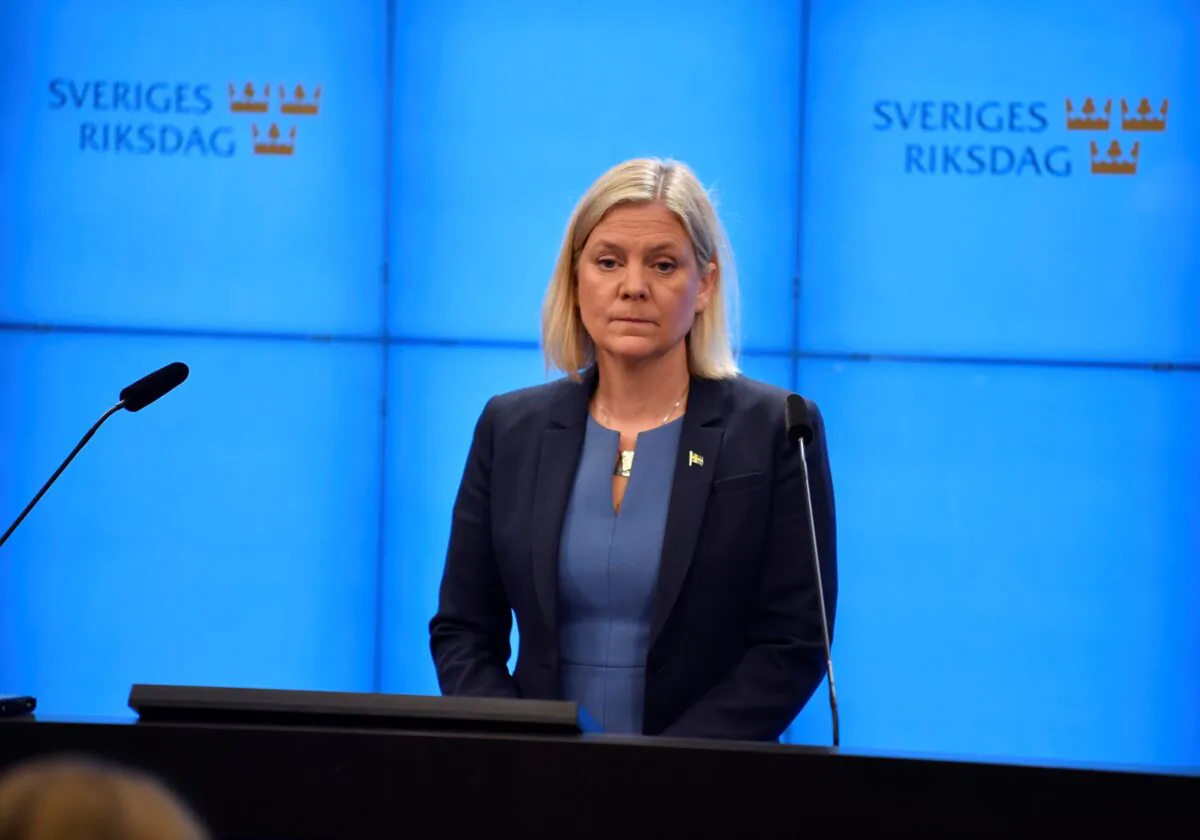 Swedish Social Democratic Party leader and newly appointed Prime Minister Magdalena Andersson during a press conference after the budget vote in the Swedish parliament in Stockholm, Sweden, on Nov. 24, 2021.  (Pontus Lundahl/TT via AP)