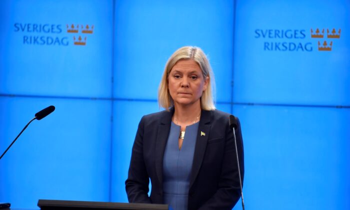Swedish Social Democratic Party leader and newly appointed Prime Minister Magdalena Andersson during a press conference after the budget vote in the Swedish parliament in Stockholm, Sweden, on Nov. 24, 2021.  (Pontus Lundahl/TT via AP)