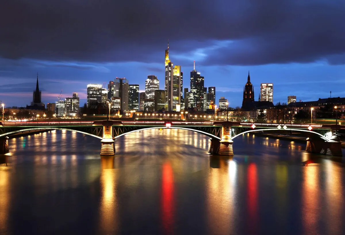 Dark clouds hang over the financial district as the spread of the coronavirus disease (COVID-19) continues in Frankfurt, Germany on March 16, 2021. (Kai Pfaffenbach/Reuters)