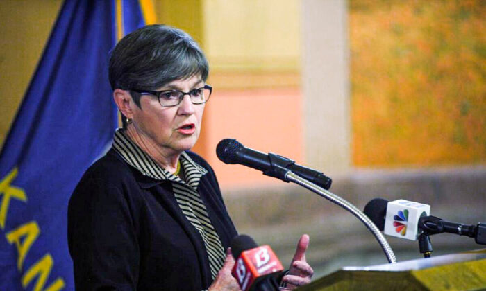 Kansas Democratic Gov. Laura Kelly, who is seeking a second term in November, speaks during at the Kansas Statehouse in Topeka on April 21, 2021. (John Hanna/AP Photo)
