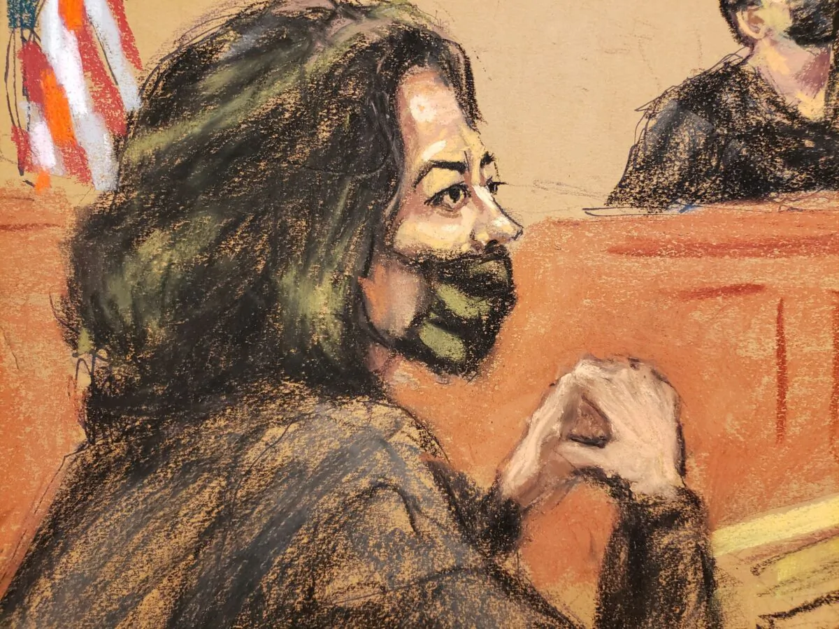Jeffrey Epstein associate Ghislaine Maxwell sits during jury selection in her trial in a courtroom sketch in New York on Nov. 17, 2021. (Jane Rosenberg/Reuters)