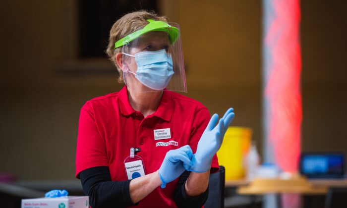 Preparations take place at Stockholm's City Hall to convert the venue for the Nobel Prize banquets into a Covid-19 vaccination centre for a day in the capital of Sweden n Feb. 21, 2021. (Jonathan Nackstrand/AFP via Getty Images)