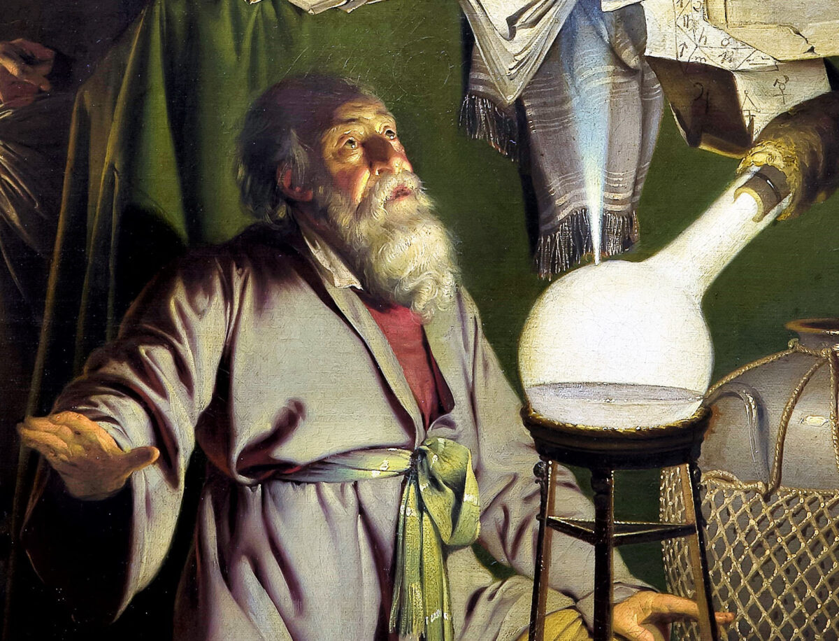 The alchemist appears in a nearly rapturous state, a state of prayer according to the full title of the painting. A detail from “The Alchemist in Search of the Philosopher’s Stone.” (PD-US)