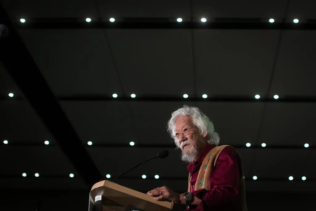 Environmental activist David Suzuki speaks during a rally in Vancouver on Oct. 19, 2019.
(The Canadian Press/Darryl Dyck)