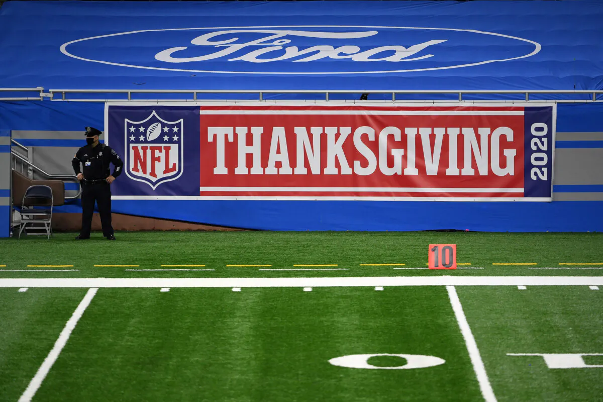 A detailed view of a Thanksgiving sign prior to a game between the Detroit Lions and the Houston Texans at Ford Field in Detroit on Nov. 26, 2020. (Nic Antaya/Getty Images)
