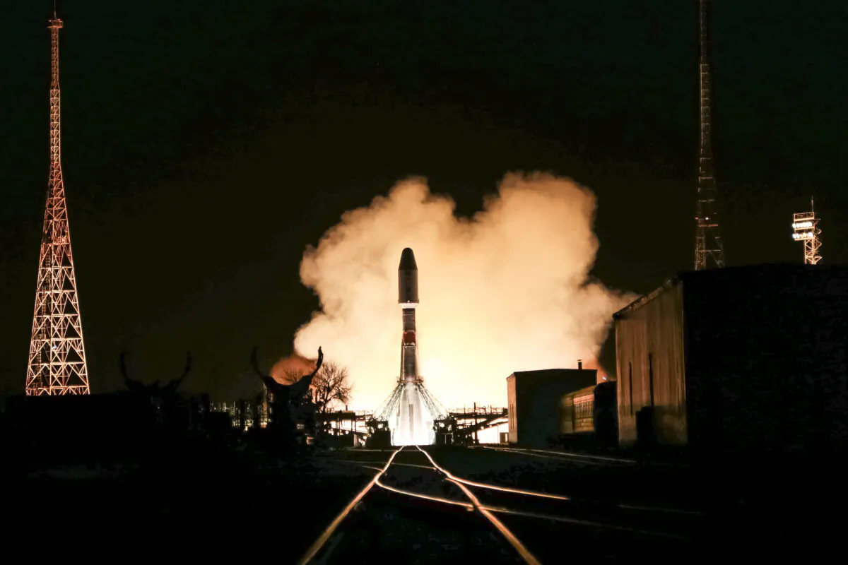 The Soyuz rocket blasts off from the launch pad at Russia's space facility in Baikonur, Kazakhstan, on Nov. 24, 2021. (Roscosmos Space Agency Press Service photo via AP)