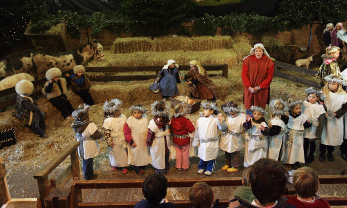 School children from local schools perform in the traditional nativity play hosted in a barn at Pennywell Farm Activity Centre near Buckfastleigh in Devon, England, on Dec. 11 2008. (Matt Cardy/Getty Images)