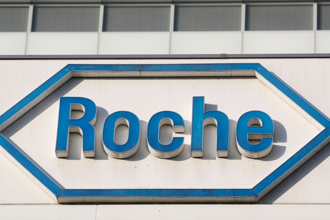 The logo of Swiss drugmaker Roche at its headquarters in Basel, Switzerland, on Jan. 30, 2020. (Arnd Wiegmann/Reuters)