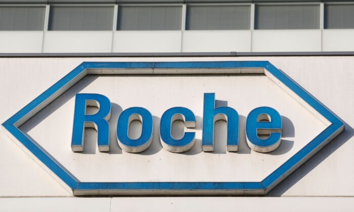 The logo of Swiss drugmaker Roche at its headquarters in Basel, Switzerland, on Jan. 30, 2020. (Arnd Wiegmann/Reuters)