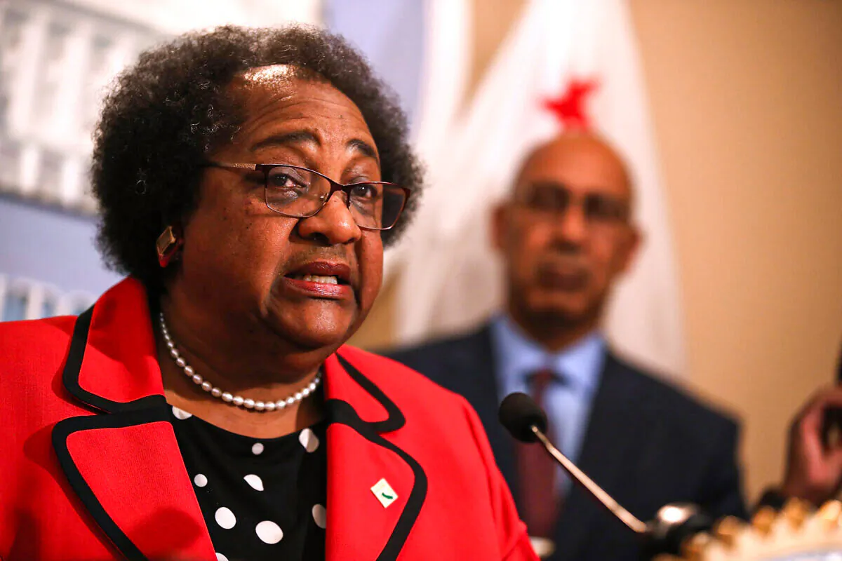 Then California State Assemblymember Shirley Weber (D-San Diego) speaks during a news conference in Sacramento, Calif., on April 3, 2018. (Justin Sullivan/Getty Images)