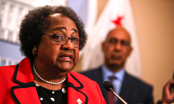 Then California State Assemblymember Shirley Weber (D-San Diego) speaks during a news conference in Sacramento, Calif., on April 3, 2018. (Justin Sullivan/Getty Images)