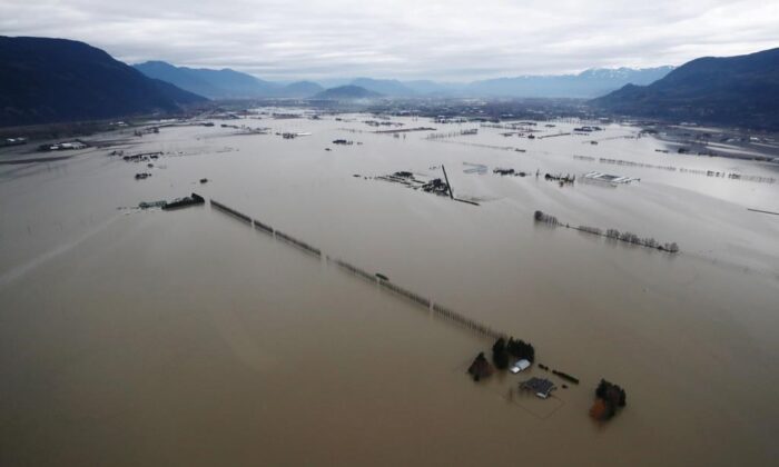 Flooded farms are seen in this aerial photo in Sumas Prairie, Abbotsford, B.C., November 22, 2021. (The Canadian Press/Darryl Dyck)
