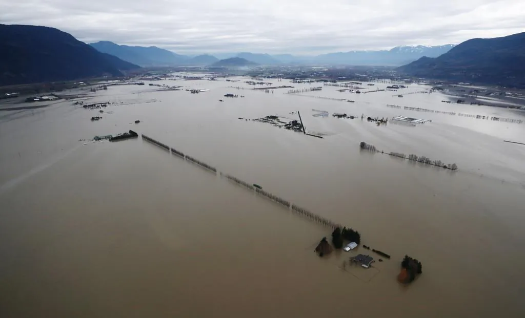 Flooded farms are seen in this aerial photo in Sumas Prairie, Abbotsford, B.C., on Nov. 22, 2021. (The Canadian Press/Darryl Dyck)