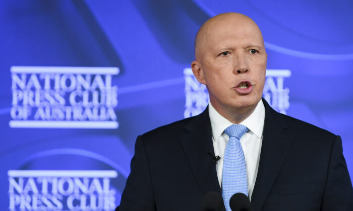 Opposition Leader Peter Dutton addresses the National Press Club in Canberra, Australia on Nov. 26, 2021. (AAP Image/Lukas Coch)