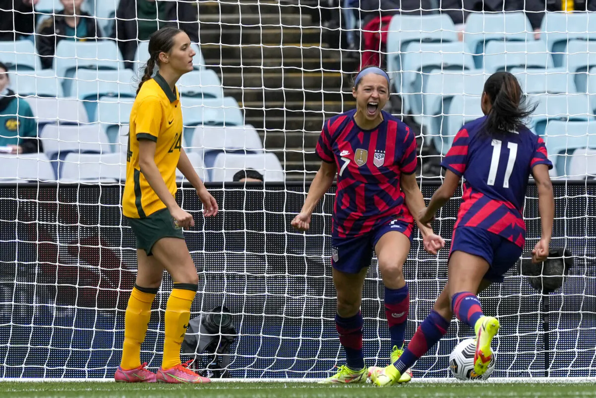 United States' Ashley Hatch celebrates after scoring her team's first goal during the international soccer match between the United States and Australia at Stadium Australia in Sydney, on Nov. 27, 2021. (Mark Baker/AP Photo)