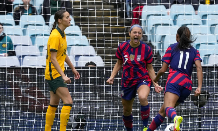 United States' Ashley Hatch celebrates after scoring her team's first goal during the international soccer match between the United States and Australia at Stadium Australia in Sydney, on Nov. 27, 2021. (Mark Baker/AP Photo)