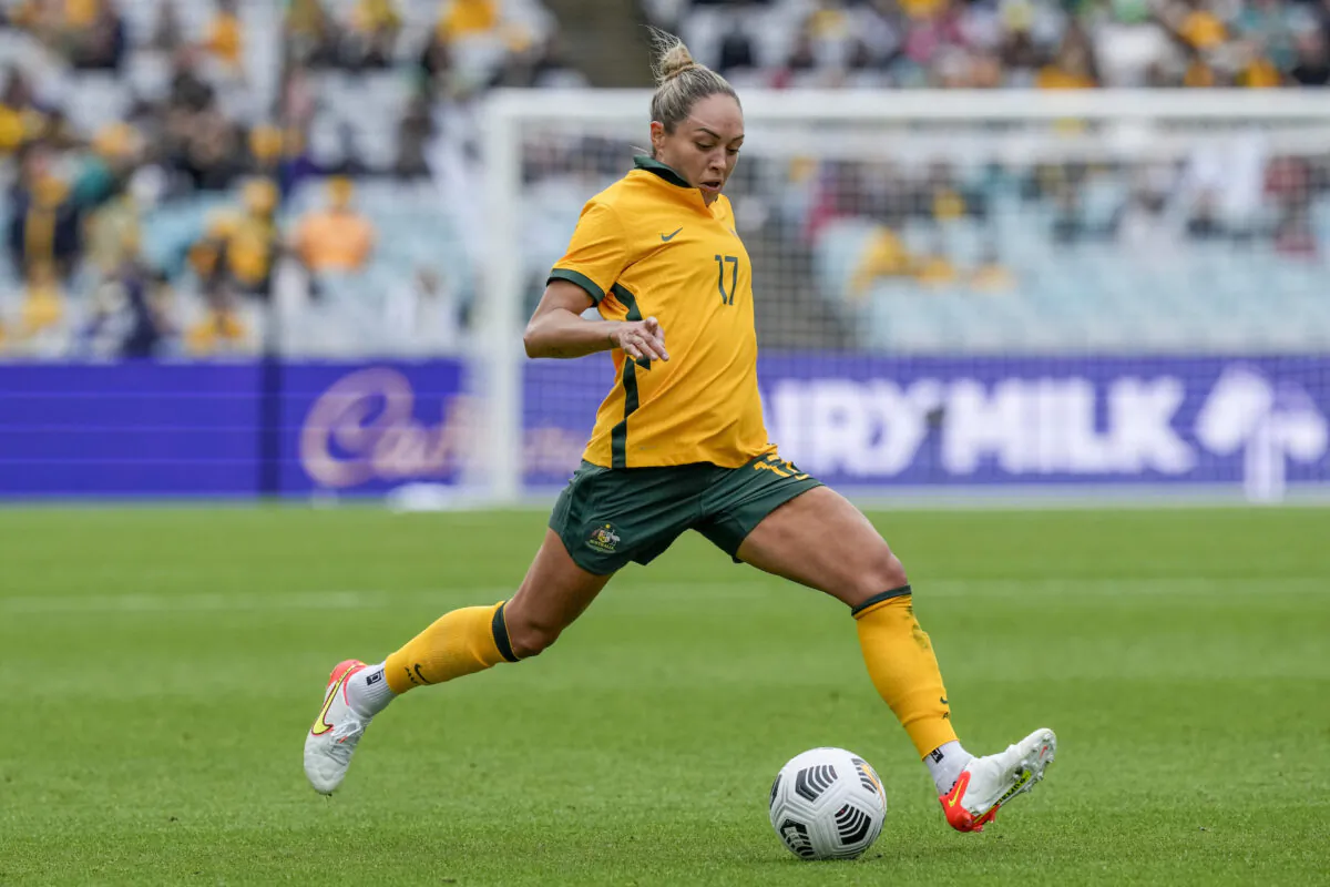 Matilda's Kyah Simon takes a shot at goal during the international soccer match between the United States and Australia at Stadium Australia in Sydney, Nov. 27, 2021. (Mark Baker/AP Photo)