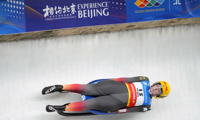 Anna Berreiter of Germany competes during the women's race at the Luge World Cup, a test event for the 2022 Winter Olympics, at the Yanqing National Sliding Center in Beijing, on Nov. 21, 2021. (Mark Schiefelbein/AP Photo)