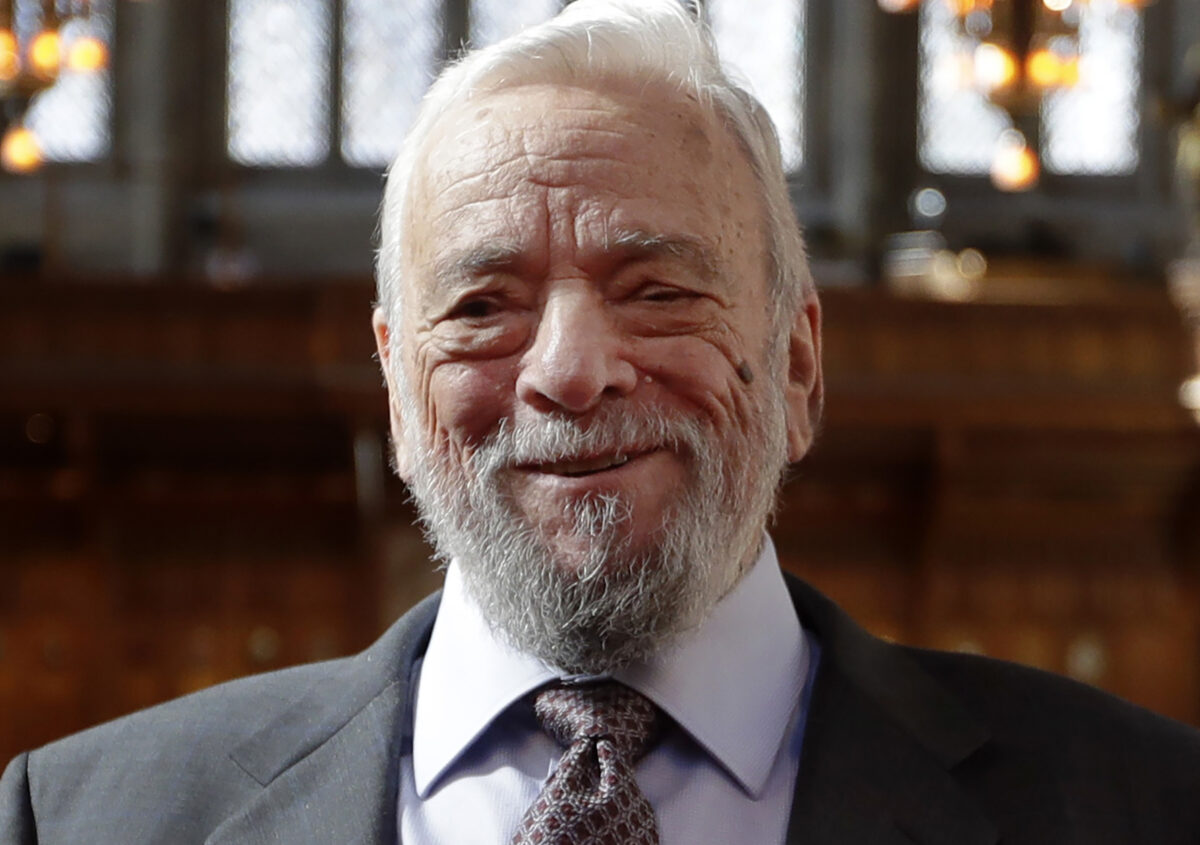 Composer and lyricist Stephen Sondheim poses after being awarded the Freedom of the City of London at a ceremony at the Guildhall in London, on Sept. 27, 2018. (Kirsty Wigglesworth/AP Photo)