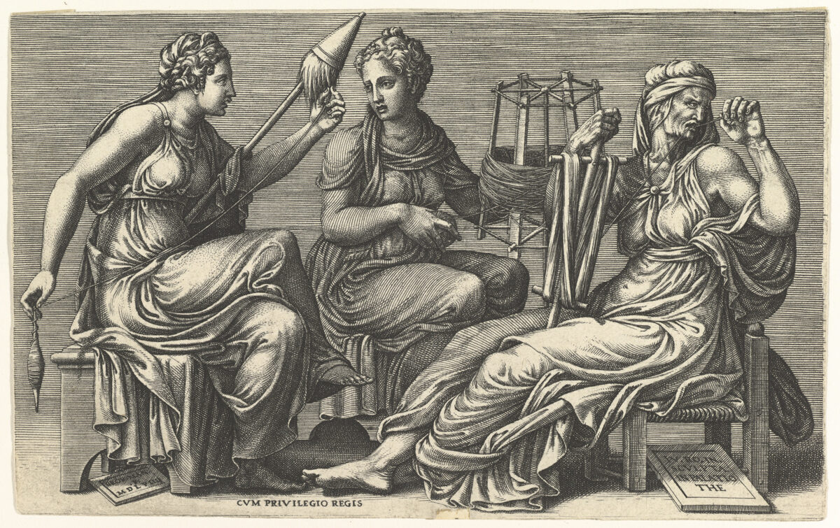 The three Greek Fates, who spin, draw out, and cut the thread of life. An engraving, 1558-9, by Giorgio Ghisi after Giulio Romano. Purchase: Joseph Pulitzer Bequest, 1917; the Metropolitan Museum of Art, (PD-US)