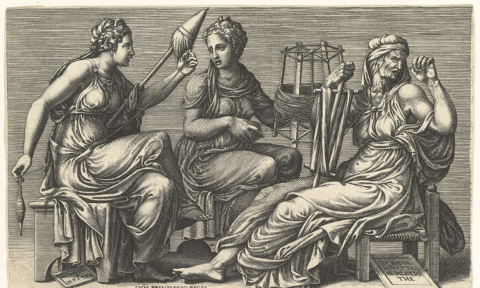  three Greek Fates, who spin, draw out, and cut the thread of life. An engraving, 1558-9, by Giorgio Ghisi after Giulio Romano. Purchase: Joseph Pulitzer Bequest, 1917; the Metropolitan Museum of Art, (PD-US)