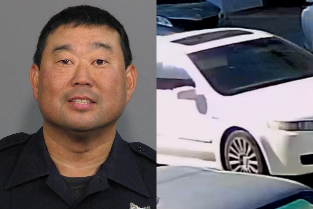 Kevin Nishita, left, is seen in a file photograph. Nishita died on Nov. 27, 2021, from wounds he suffered while guarding a news crew in Oakland, Calif., earlier in the week. On left, an image from surveillance footage shows a white Acura police say was involved in the shooting. (San Jose Police Department; Oakland Police Department)