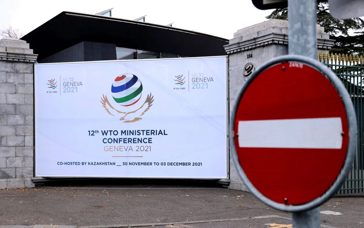 A sign of the 12th Ministerial Conference (MC12) is pictured at the World Trade Organization (WTO) headquarters in Geneva, Switzerland, on Nov. 25, 2021. (Denis Balibouse/Reuters)