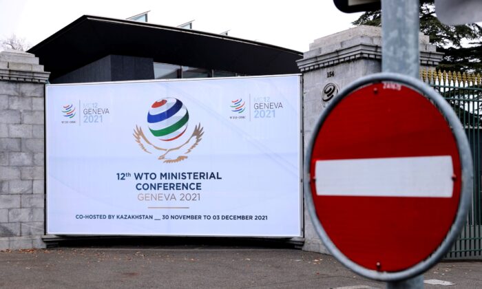 A sign of the 12th Ministerial Conference (MC12) is pictured at the World Trade Organization (WTO) headquarters in Geneva, Switzerland, on Nov. 25, 2021. (Denis Balibouse/Reuters)