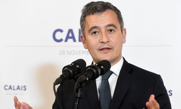 France's Interior Minister Gerald Darmanin speaks at a press conference after a meeting with ministers responsible for immigration from France, Belgium, Germany, and the Netherlands to discuss ways of preventing migrants crossing the English Channel by boat, at Calais City Hall, on Nov. 28, 2021. (Francois Lo Presti/AFP via Getty Images)