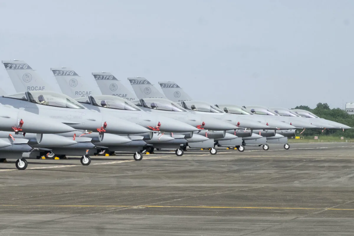 Newly commissioned upgraded F-16V fighter jets at an air force base in Chiayi, Taiwan, on Nov. 18, 2021. (Johnson Lai/AP Photo)