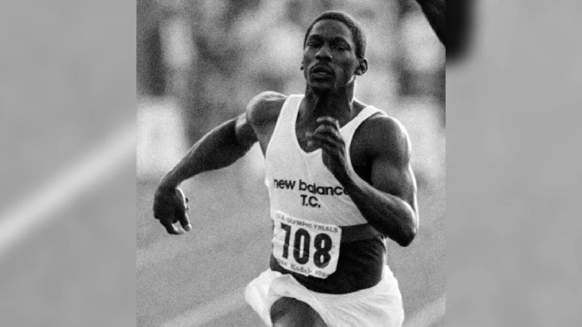 Emmit King runs in third place at the U.S. Olympic track and field trials at the Coliseum in Los Angeles, on June 18, 1984. (Lennox McLendon/AP Photo)