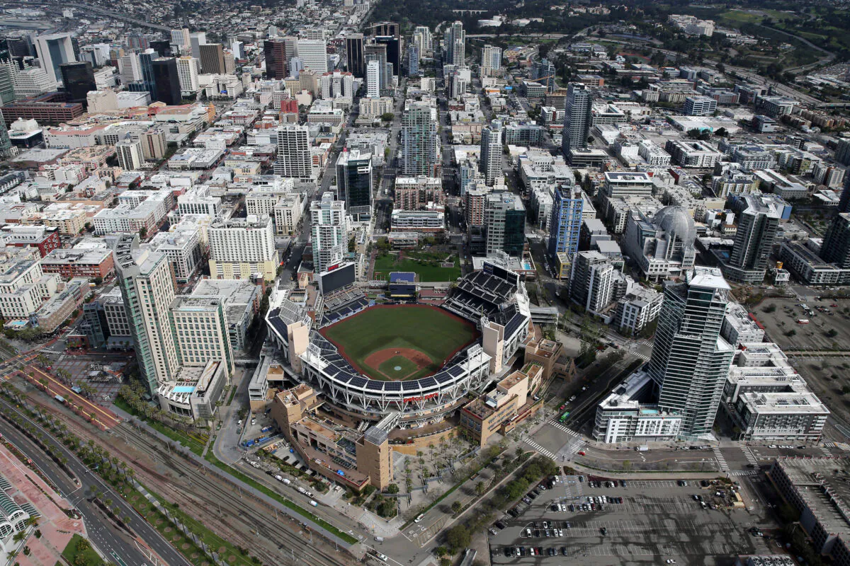 An aerial view of Petco Park stadium in San Diego, on March 20, 2020. (Sean M. Haffey/Getty Images)