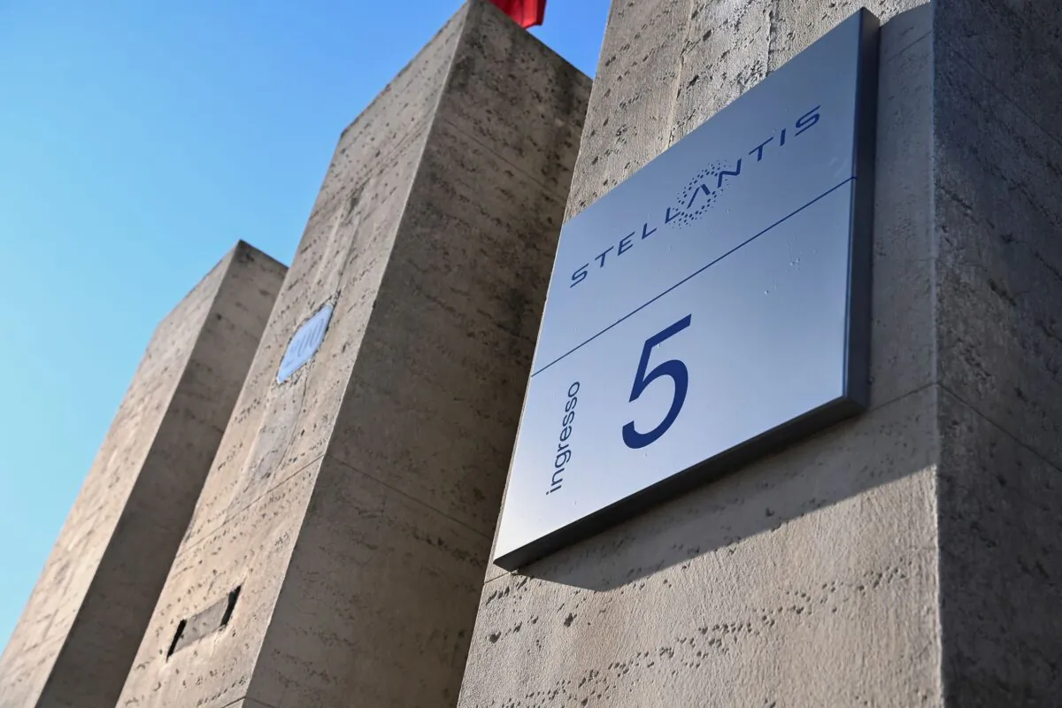 A view of the Stellantis logo on a building of the historic Mirafiori headquarters in Turin, Italy, on Jan. 18, 2021.  (Marco Alpozzi/LaPresse via AP)
