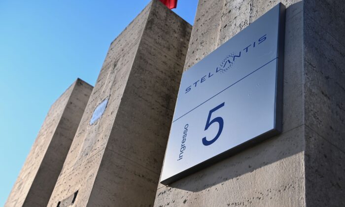 A view of the Stellantis logo on a building of the historic Mirafiori headquarters in Turin, Italy, on Jan. 18, 2021.  (Marco Alpozzi/LaPresse via AP)
