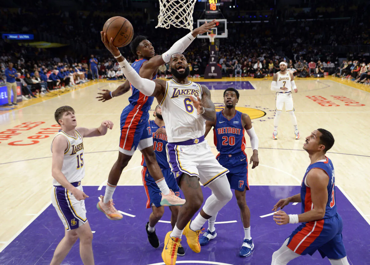 LeBron James #6 of the Los Angeles Lakers drives to the basket ahead of Hamidou Diallo #6 of the Detroit Pistons during the first half at Staples Center in Los Angeles, on Nov. 28, 2021. (Kevork Djansezian/Getty Images)