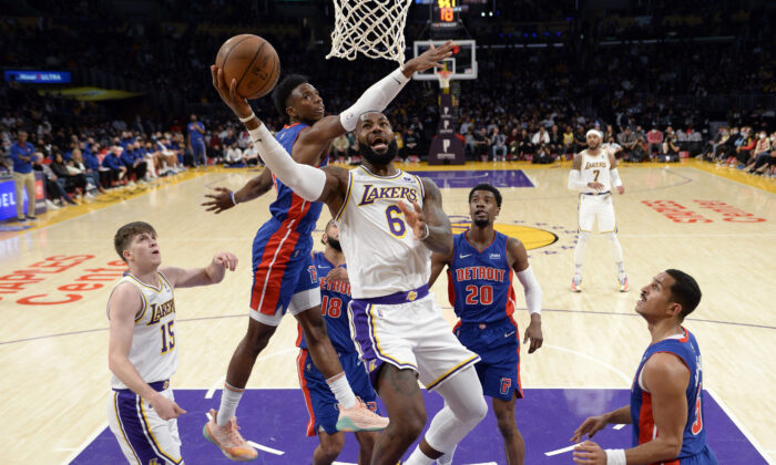 LeBron James #6 of the Los Angeles Lakers drives to the basket ahead of Hamidou Diallo #6 of the Detroit Pistons during the first half at Staples Center in Los Angeles, on Nov. 28, 2021. (Kevork Djansezian/Getty Images)