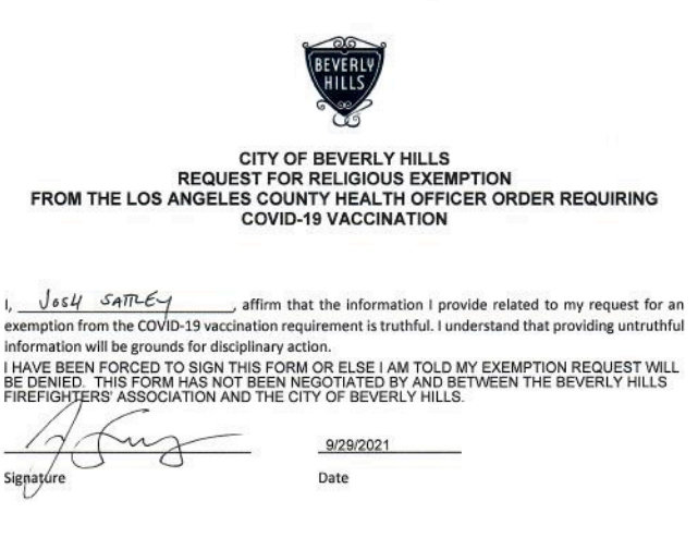 Screenshot of second request for religious exemption, filled out and submitted by Josh Sattley on Aug. 29, 2021. The form clearly indicates "THIS FORM HAS NOT BEEN NEGOTIATED BY AND BETWEEN THE BEVERLY HILLS FIREFIGHTERS ASSOCIATION AND THE CITY OF BEVERLY HILLS." 