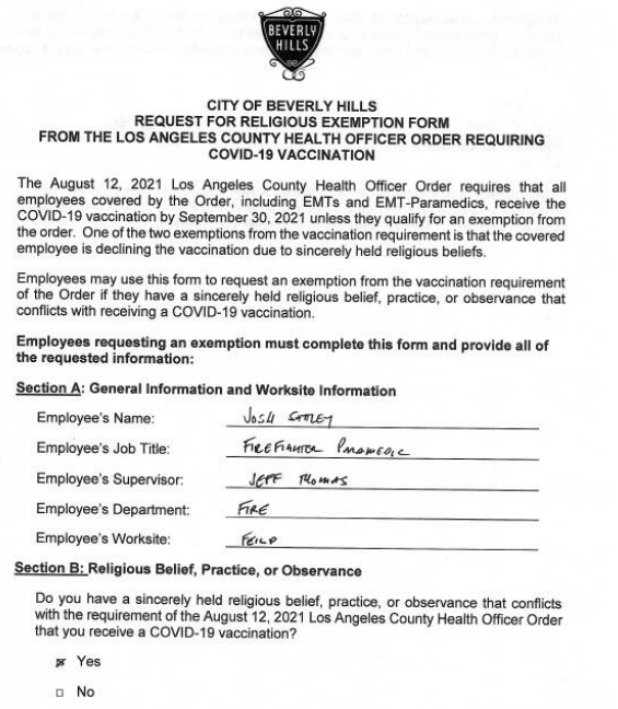 Screenshot of initial request for religious exemption, filled out an submitted by Josh Sattley on Aug. 24, 2021. 