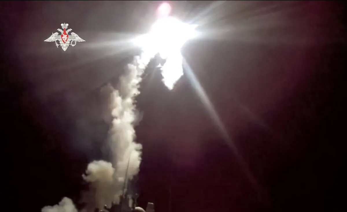 The Admiral Gorshkov frigate of the Russian navy launches a Zircon hypersonic cruise missile in the White Sea, on Nov. 29, 2021, in a still image from real-time camera footage released by AP. (Russian Defense Ministry Press Service via AP)
