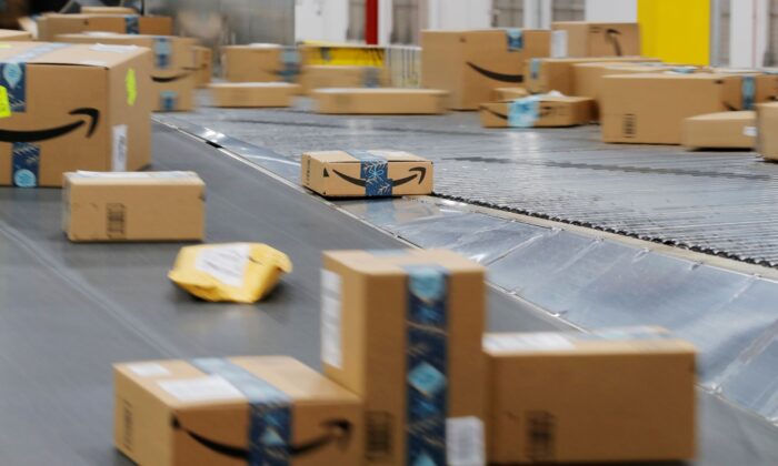 Amazon packages are transported by conveyor belts inside of an Amazon fulfillment center on Cyber Monday in Robbinsville, N.J., on Dec. 2, 2019. (Lucas Jackson/Reuters)