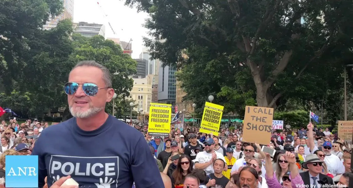 Roland Chrystal speaking at the Freedom Rally in Sydney, Australia on Nov. 20, 2021. (Supplied)